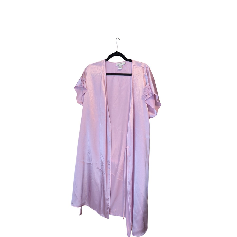 Morgan Taylor Womens Intimates Satin Robe Large Pink Floral Applique